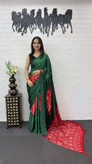 Emerald Green Cotton Saree with Red Bandhani Inspired Designer Pallu