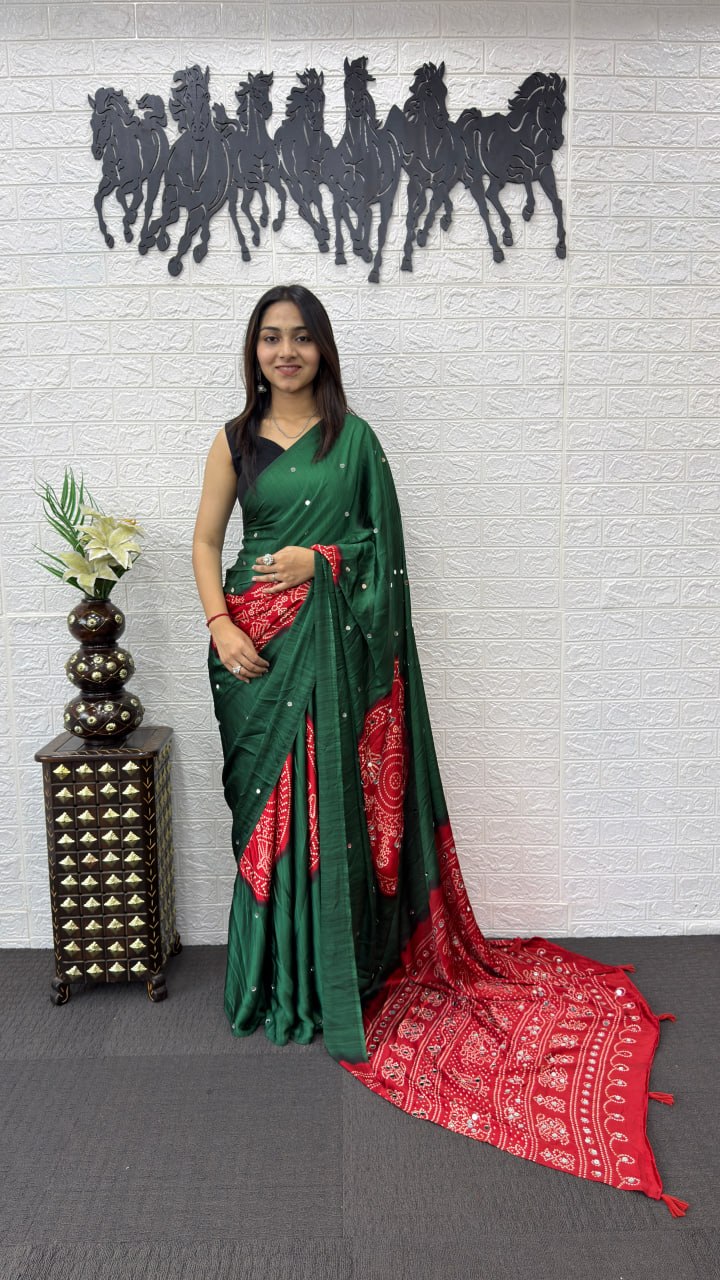 Emerald Green Cotton Saree with Red Bandhani Inspired Designer Pallu