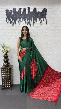 Emerald Green Cotton Saree with Red Bandhani Inspired Designer Pallu