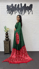 Emerald Green Cotton Saree with Red Bandhani Inspired Designer Pallu