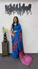Royal Blue Cotton Saree with Wine Purple Bandhani Inspired Pallu