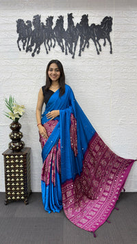 Royal Blue Cotton Saree with Wine Purple Bandhani Inspired Pallu