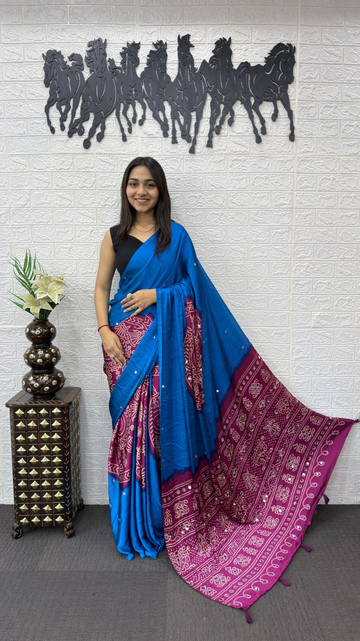 Royal Blue Cotton Saree with Wine Purple Bandhani Inspired Pallu