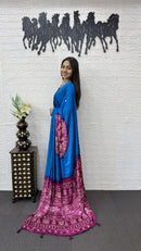 Royal Blue Cotton Saree with Wine Purple Bandhani Inspired Pallu