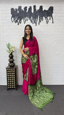 Rani Pink Cotton Saree with Olive Green Bandhani Inspired Pallu