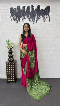 Rani Pink Cotton Saree with Olive Green Bandhani Inspired Pallu