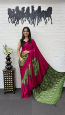 Rani Pink Cotton Saree with Olive Green Bandhani Inspired Pallu