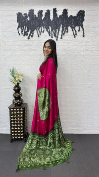 Rani Pink Cotton Saree with Olive Green Bandhani Inspired Pallu