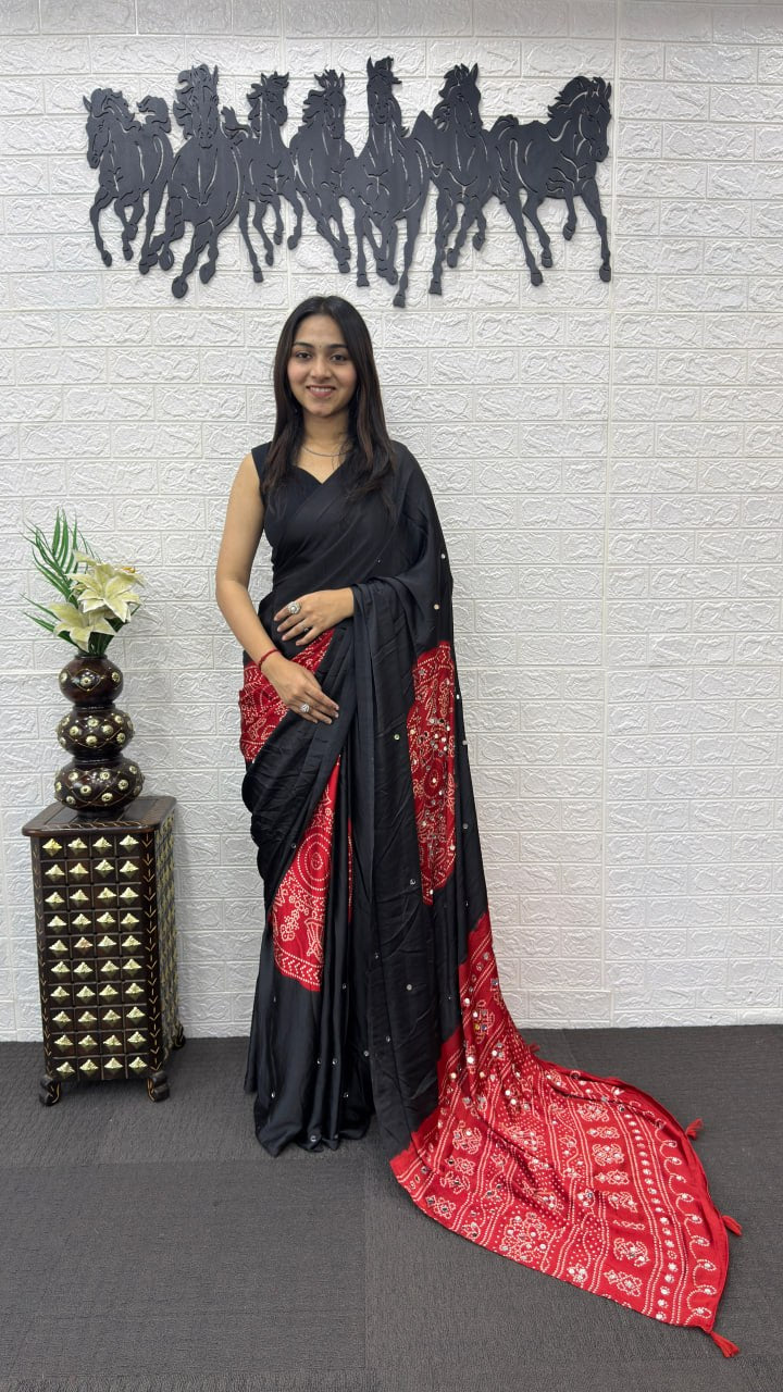 Classic Black Cotton Saree with Bandhani Inspired Red Designer Pallu
