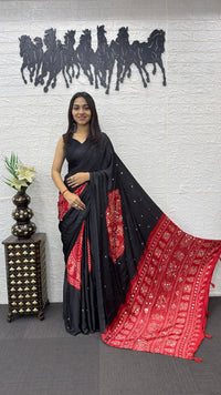 Classic Black Cotton Saree with Bandhani Inspired Red Designer Pallu