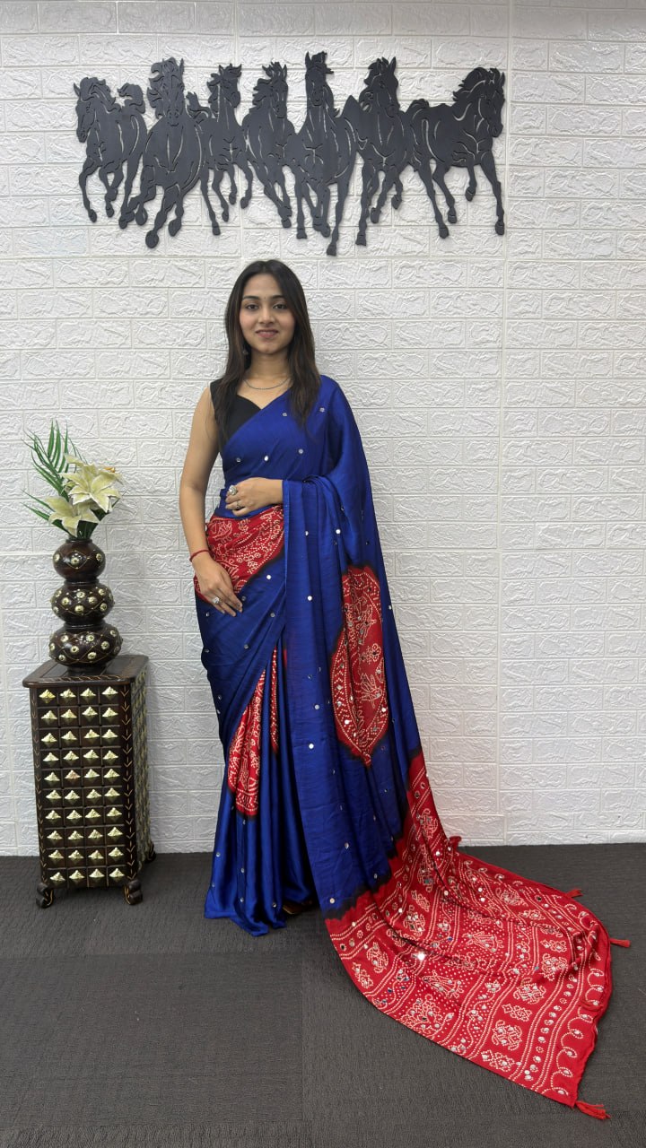 Royal Blue Cotton Saree with Bandhani Inspired Red Designer Pallu
