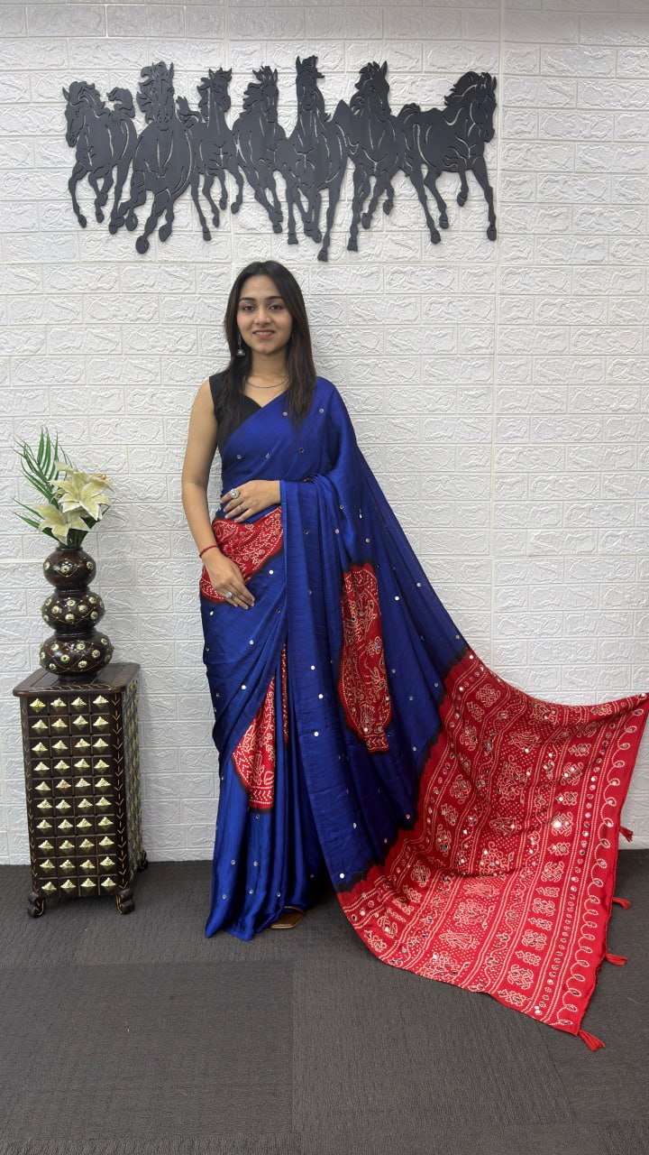 Royal Blue Cotton Saree with Bandhani Inspired Red Designer Pallu