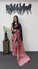 Classic Black Cotton Saree with Ajrakh Inspired Red Designer Pallu