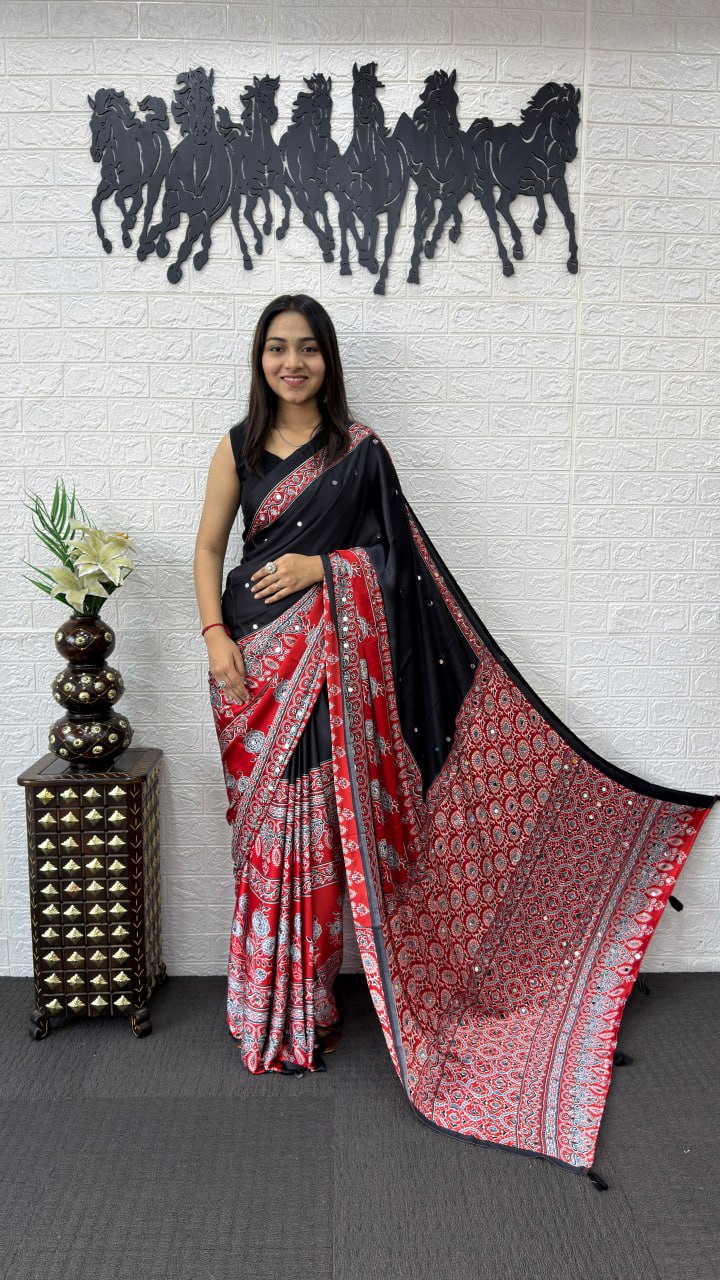 Classic Black Cotton Saree with Ajrakh Inspired Red Designer Pallu