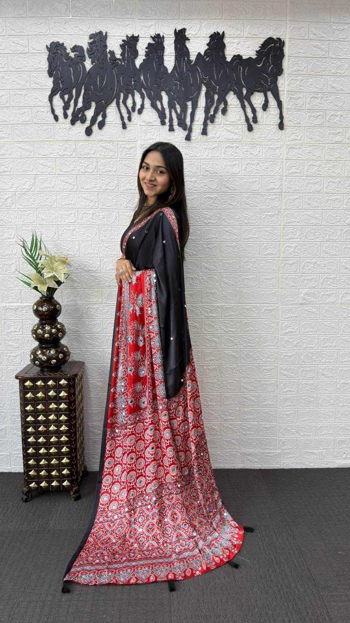 Classic Black Cotton Saree with Ajrakh Inspired Red Designer Pallu