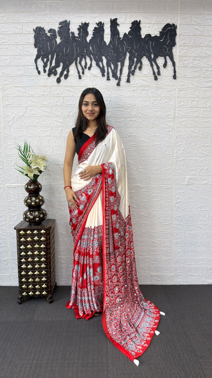 Ivory White Cotton Saree with Ajrakh Inspired Red Designer Pallu