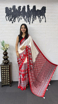 Ivory White Cotton Saree with Ajrakh Inspired Red Designer Pallu