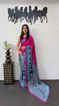 Rani Pink Cotton Saree with Ajrakh Inspired Navy Blue Designer Pallu