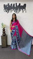 Rani Pink Cotton Saree with Ajrakh Inspired Navy Blue Designer Pallu