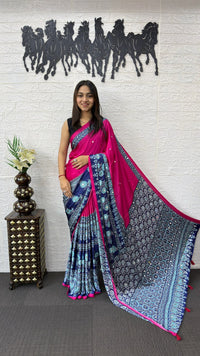 Rani Pink Cotton Saree with Ajrakh Inspired Navy Blue Designer Pallu
