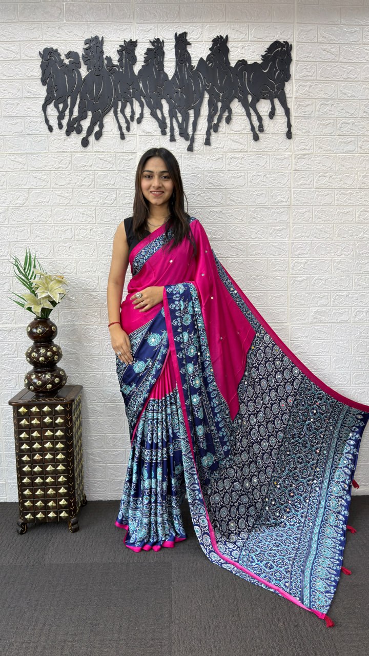 Rani Pink Cotton Saree with Ajrakh Inspired Navy Blue Designer Pallu