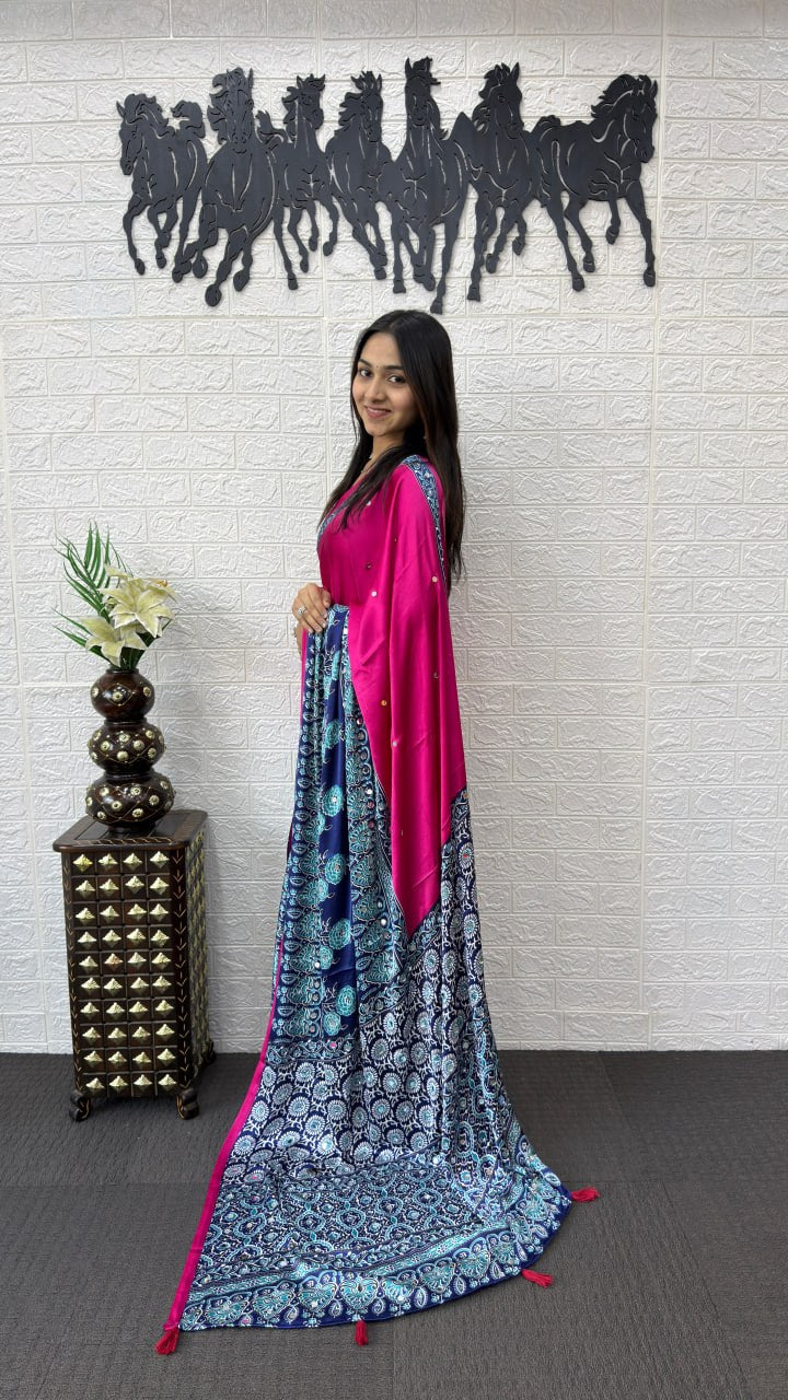 Rani Pink Cotton Saree with Ajrakh Inspired Navy Blue Designer Pallu
