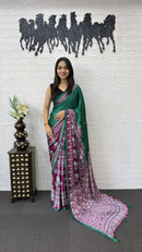 Emerald Green Cotton Saree with Ajrakh Inspired Wine Designer Pallu