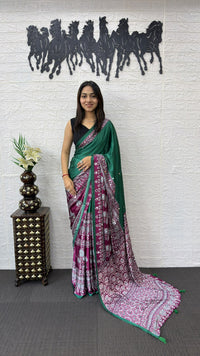 Emerald Green Cotton Saree with Ajrakh Inspired Wine Designer Pallu