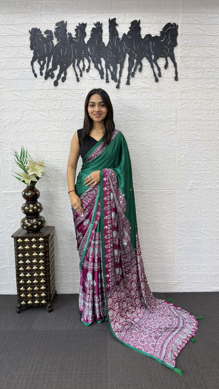 Emerald Green Cotton Saree with Ajrakh Inspired Wine Designer Pallu
