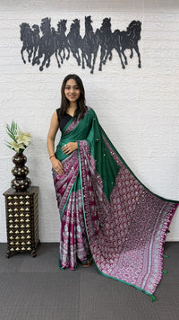 Emerald Green Cotton Saree with Ajrakh Inspired Wine Designer Pallu