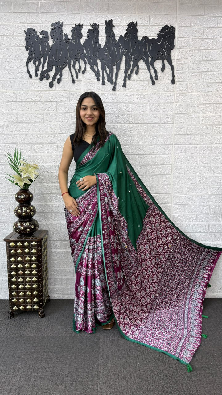 Emerald Green Cotton Saree with Ajrakh Inspired Wine Designer Pallu
