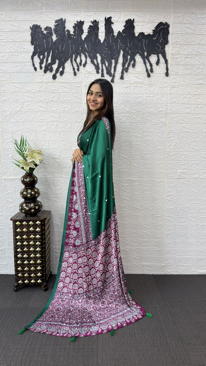 Emerald Green Cotton Saree with Ajrakh Inspired Wine Designer Pallu