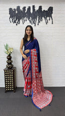Royal Blue Cotton Saree with Ajrakh Inspired Red Designer Pallu