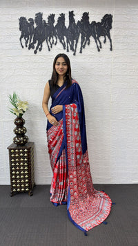 Royal Blue Cotton Saree with Ajrakh Inspired Red Designer Pallu
