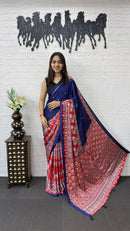 Royal Blue Cotton Saree with Ajrakh Inspired Red Designer Pallu