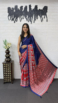Royal Blue Cotton Saree with Ajrakh Inspired Red Designer Pallu