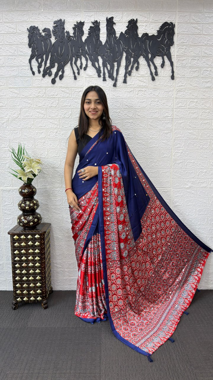 Royal Blue Cotton Saree with Ajrakh Inspired Red Designer Pallu