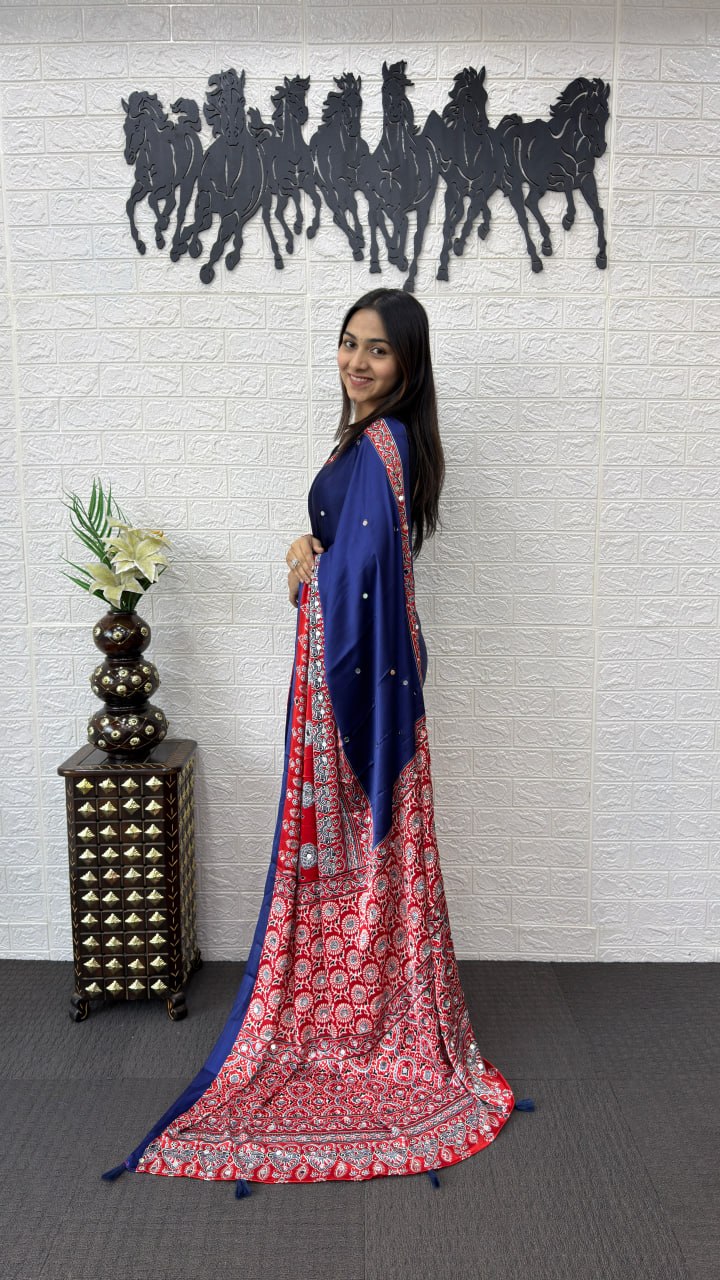 Royal Blue Cotton Saree with Ajrakh Inspired Red Designer Pallu