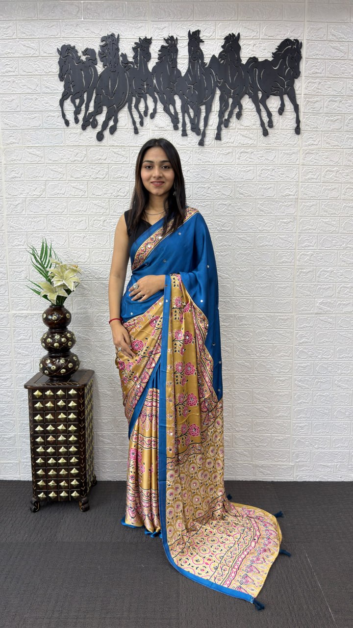 Royal Blue Cotton Saree with Kalamkari Inspired Designer Pallu