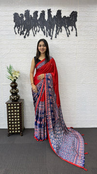 Red & Navy Blue Cotton Saree with Ajrakh Inspired Designer Pallu