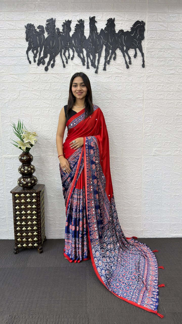 Red & Navy Blue Cotton Saree with Ajrakh Inspired Designer Pallu