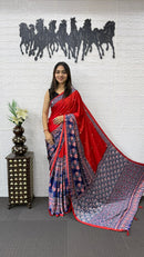Red & Navy Blue Cotton Saree with Ajrakh Inspired Designer Pallu