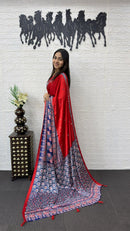 Red & Navy Blue Cotton Saree with Ajrakh Inspired Designer Pallu