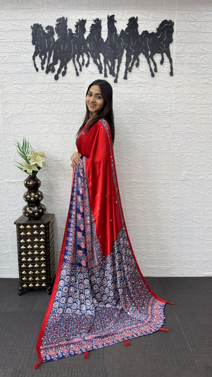 Red & Navy Blue Cotton Saree with Ajrakh Inspired Designer Pallu