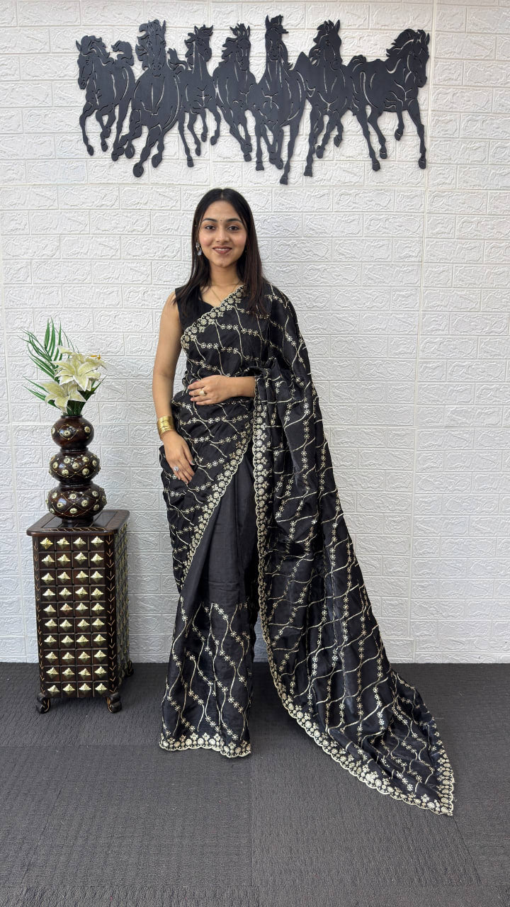 Classic Black Fancy Saree with Heavy Sequins Embroidery Work
