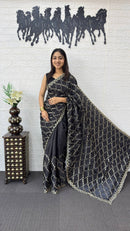 Classic Black Fancy Saree with Heavy Sequins Embroidery Work