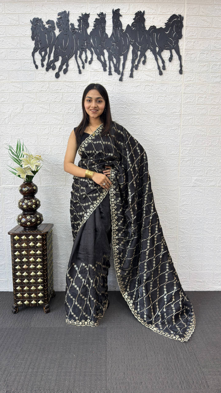 Classic Black Fancy Saree with Heavy Sequins Embroidery Work