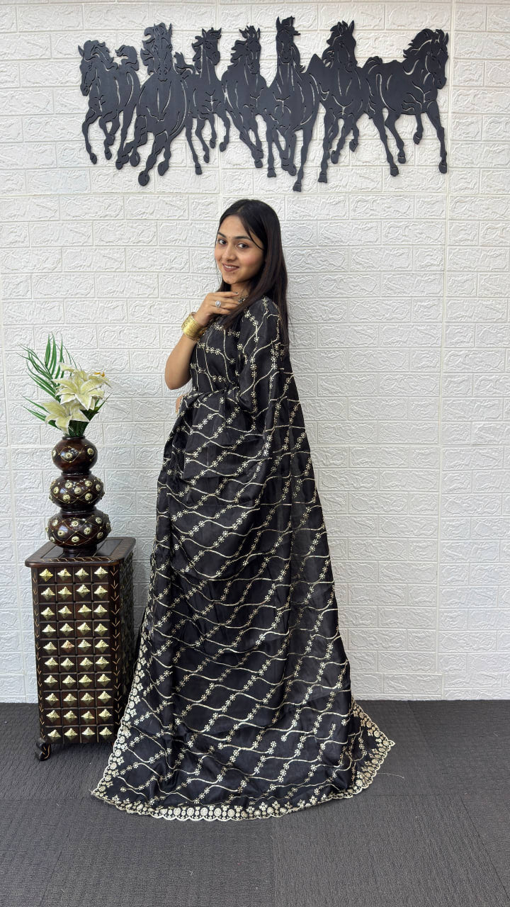 Classic Black Fancy Saree with Heavy Sequins Embroidery Work