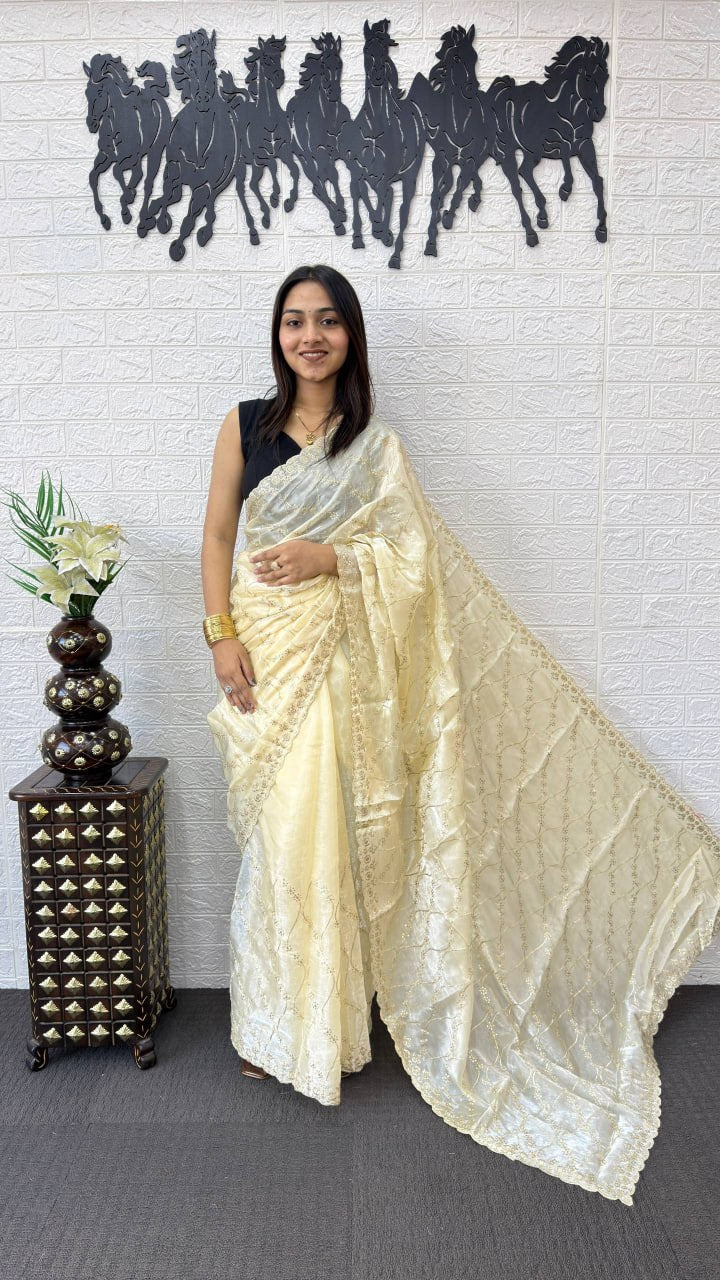 Ivory White Fancy Saree with Elegant Sequins Embroidery Work