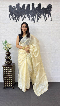 Ivory White Fancy Saree with Elegant Sequins Embroidery Work
